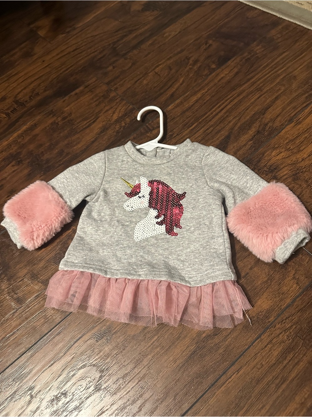 Girls' Gray & Pink Unicorn Sequin Sweatshirt with Tulle Hem